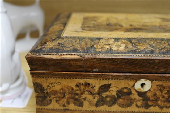 A Tunbridge ware box, a pair monopodia bronze candlesticks and a sun dial box length 23.4cm